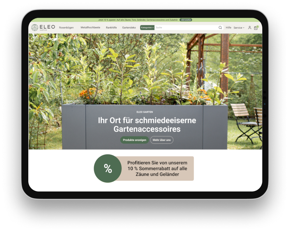 ELEO Garten Website auf einem Tablet