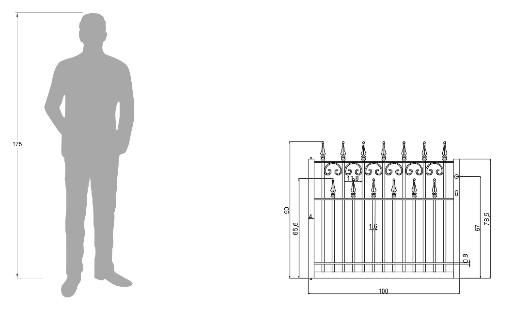 Gartentor Lugano als bemaßte Zeichnung