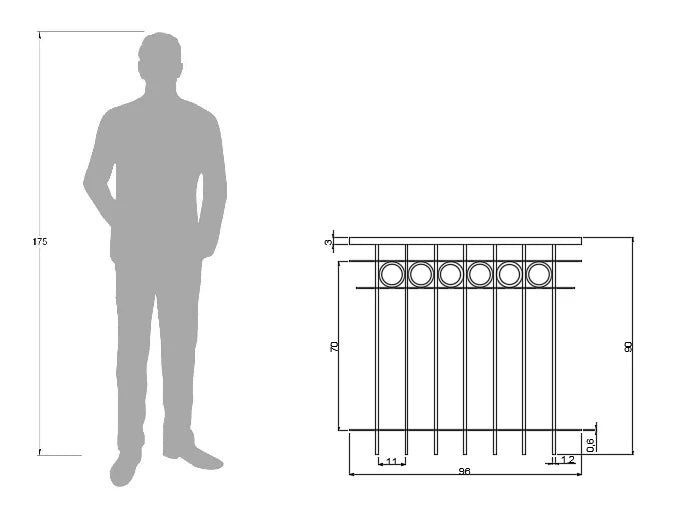 Geländer Belluno technische Zeichnung mit Bemaßungen