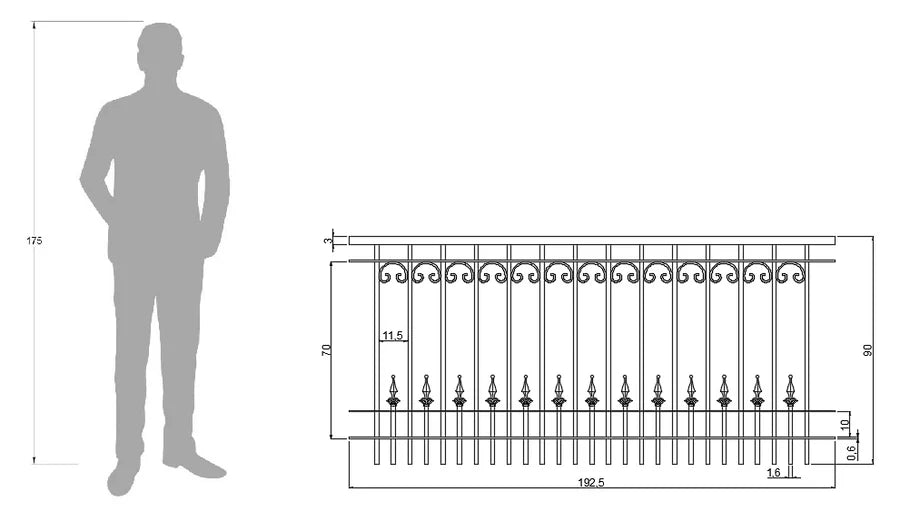 Geländer Lucca technische Zeichnung mit Bemaßungen