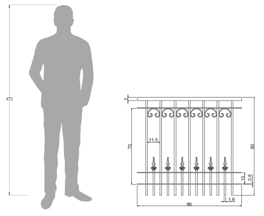 Geländer Lucca technische Zeichnung mit Bemaßungen