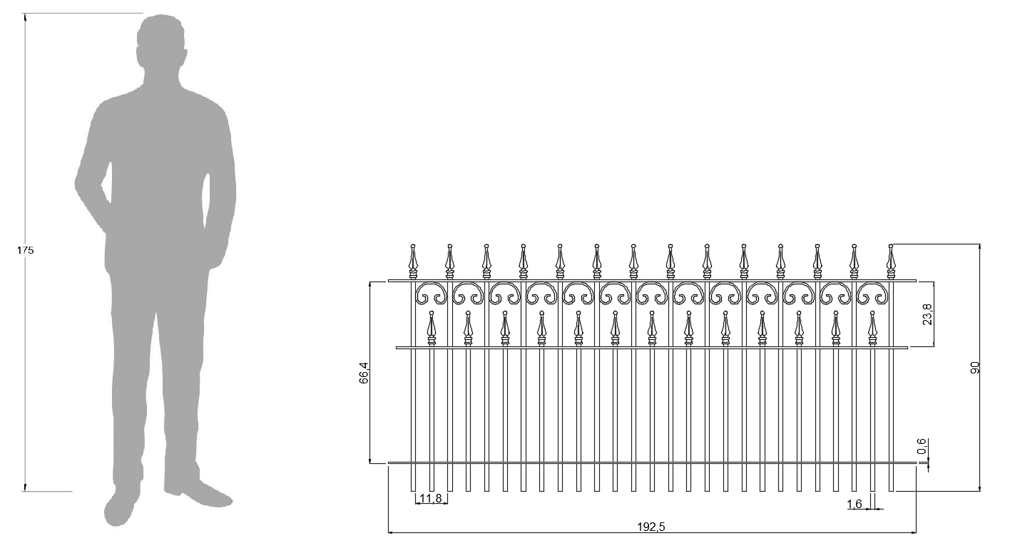 Technische Zeichnung Zaun Lugano 192,5cm